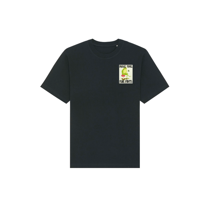 Check out the STTU788 Stanley/Stella Freestyler Black by Stanley/Stella, a unisex heavy weight T-shirt made of fabric-washed organic cotton. It showcases a small graphic on the chest with a quirky green character and the bold text "Make Love, Fk Pants.