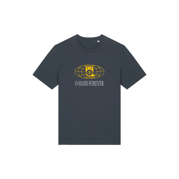 The "STTU169 Stanley/Stella Creator 2.0 India Ink Grey (C715)" unisex T-shirt from My Needs Are Simple features organic cotton, a dark gray shade, and a bold yellow globe design with "O-Hand Forever" at the center.