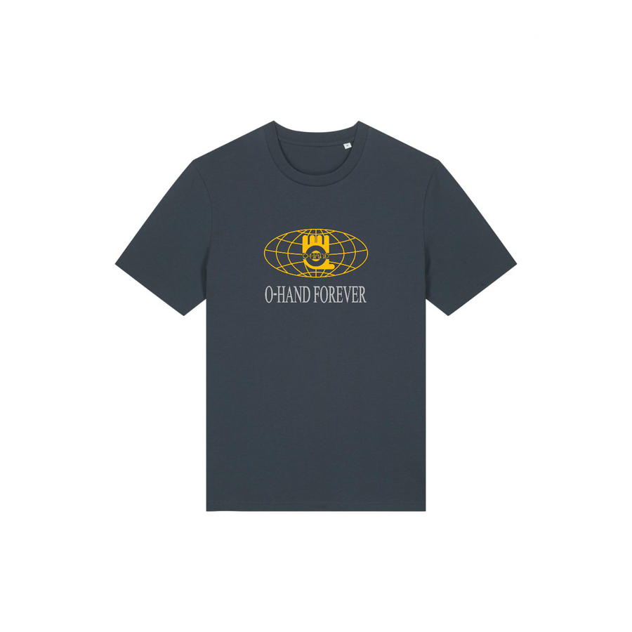 The "STTU169 Stanley/Stella Creator 2.0 India Ink Grey (C715)" unisex T-shirt from My Needs Are Simple features organic cotton, a dark gray shade, and a bold yellow globe design with "O-Hand Forever" at the center.