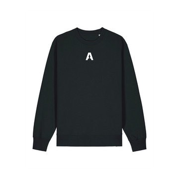 Discover the STSU178 Stella/Stella Changer 2.0 Black (C002) by Stanley/Stella, a unisex black crewneck made of soft organic cotton, featuring a bold white letter "A" elegantly printed in the center front.