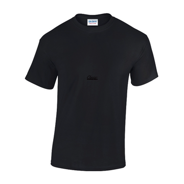 The GD005 Gildan Heavy Cotton Adult T-Shirt by My Needs Are Simple is crafted from 100% OEKO-TEX certified cotton, featuring a black design with a small, subtle logo on the chest for comfort and sustainability.