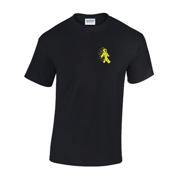 The GD005 Gildan Heavy Cotton Adult T-Shirt by My Needs Are Simple is made from 100% cotton and features a small yellow graffiti-style figure on the left chest. It combines style with quality, being OEKO-TEX certified for sustainability.