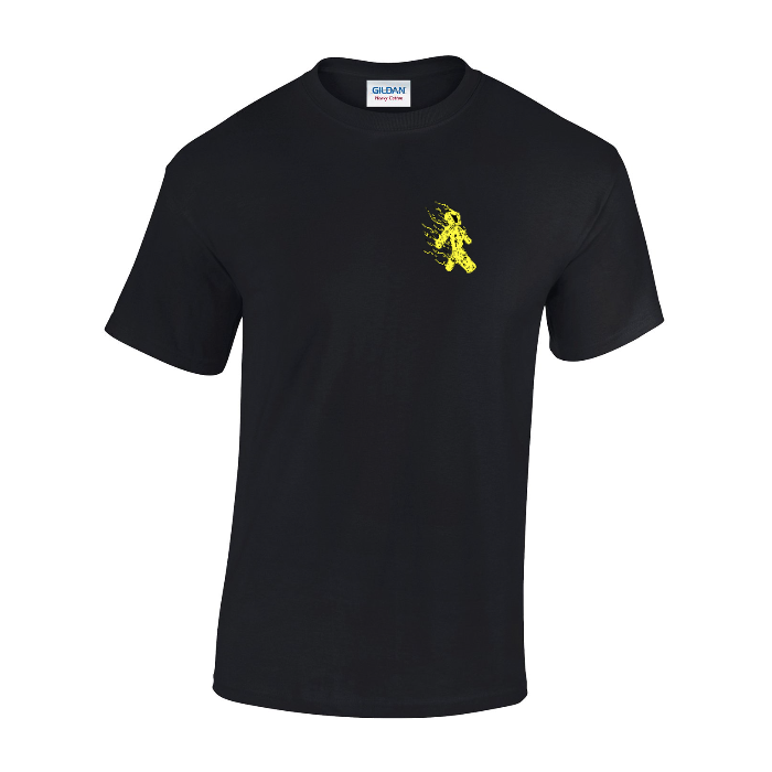 The GD005 Gildan Heavy Cotton Adult T-Shirt by My Needs Are Simple is made from 100% cotton and features a small yellow graffiti-style figure on the left chest. It combines style with quality, being OEKO-TEX certified for sustainability.