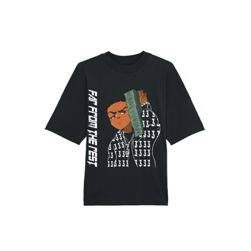 The STTU815 Stanley/Stella Blaster by My Needs Are Simple is an oversized high neck black organic cotton unisex t-shirt with an illustrated person holding money, wearing a patterned jacket, and the text "333" and "Far From the Rest" for a fashionable fit.