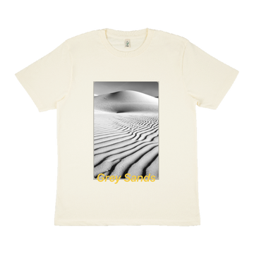 The Continental Clothing EP01 Earth Positive Mens Unisex Classic Jersey T-Shirt in Ecru features a black and white photo of sand dunes with ripples and is labeled "Grey Sands" in yellow text.