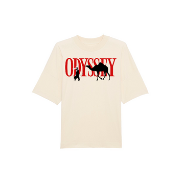 The STTU815 Stanley/Stella Blaster oversized high neck, unisex t-shirt in organic cotton features bold red "ODYSSEY" text with black silhouettes of a person and camel walking.