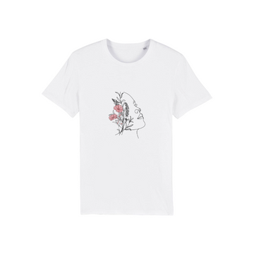 The STTU758 Stanley/Stella Rocker White T-shirt features a line art face with pink and red flowers. Made from organic cotton, this unisex tee blends style with sustainability by Stanley/Stella.