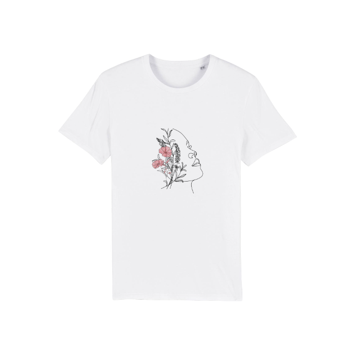 The STTU758 Stanley/Stella Rocker White T-shirt features a line art face with pink and red flowers. Made from organic cotton, this unisex tee blends style with sustainability by Stanley/Stella.