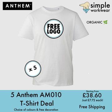 BUNDLE X 5 Anthem AM010 Organic Cotton T-Shirts With Free DTG Print