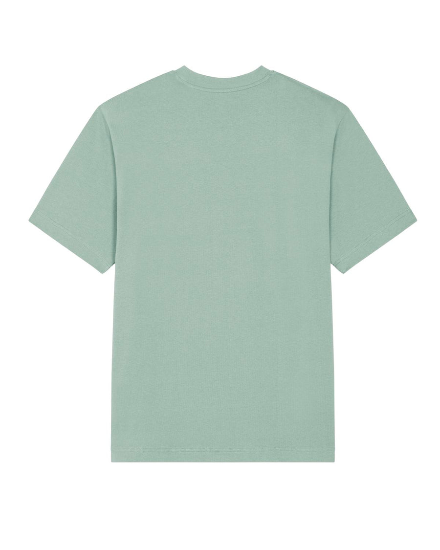 The Stanley/Stella Freestyler Aloe (C089) T-shirt, made from organic cotton, elegantly contrasts against a white background. This unisex heavy weight tee offers fabric-washed softness for comfort and quality, making it a versatile wardrobe addition.