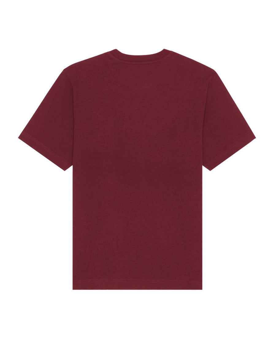 Back view of the Stanley/Stella STTU788 Freestyler Burgundy (C244), a heavy weight unisex T-shirt, crafted from organic cotton, set against a crisp white background.