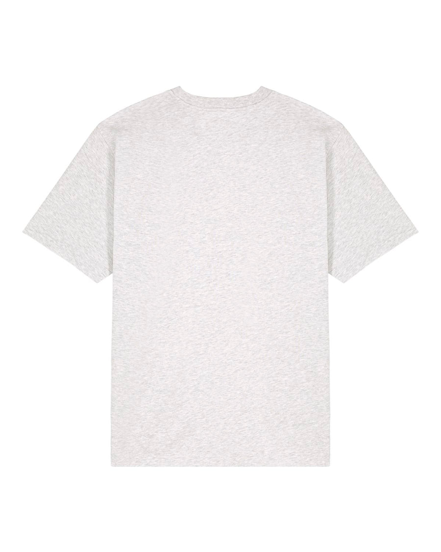 The STTU788 Stanley/Stella Freestyler Coll Heather Grey (C146) unisex heavy weight t-shirt is shown from the back, laid flat on a white background. Made from fabric-washed organic open-end cotton, it offers a soft feel and enduring comfort.