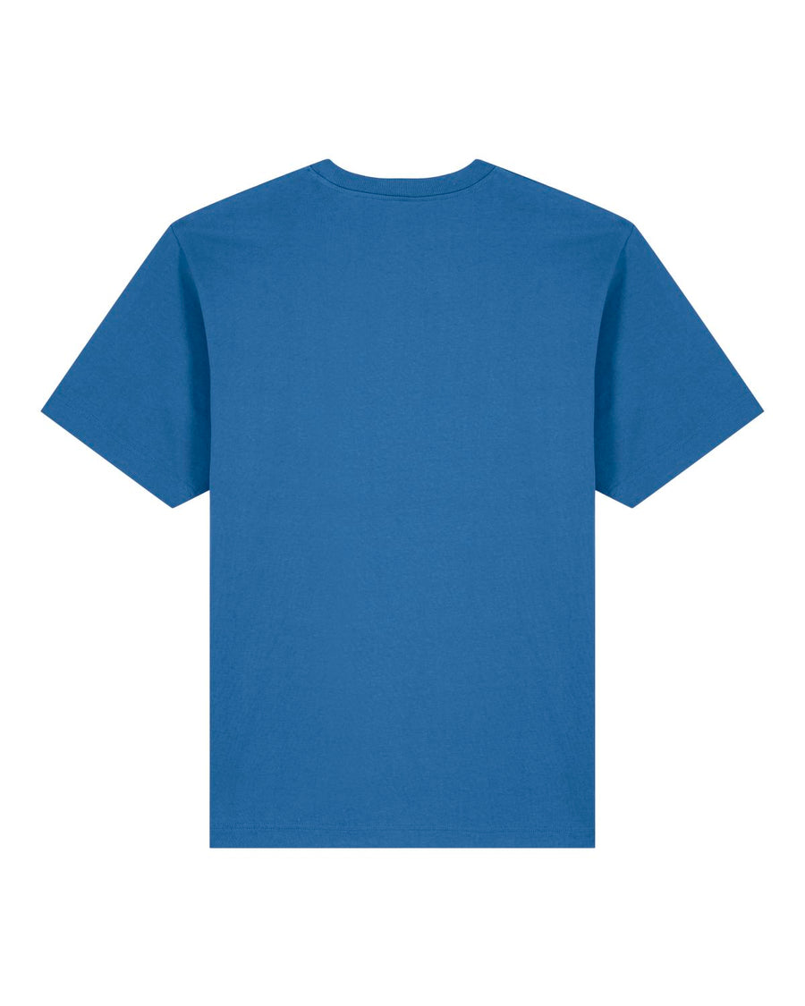 Explore the Stanley/Stella Freestyler Mindful Blue (C729) unisex heavy-weight t-shirt, crafted from pure organic cotton in a plain blue design with short sleeves and comfy single jersey knit. View it from the back to appreciate its minimalist appeal and commitment to sustainability.