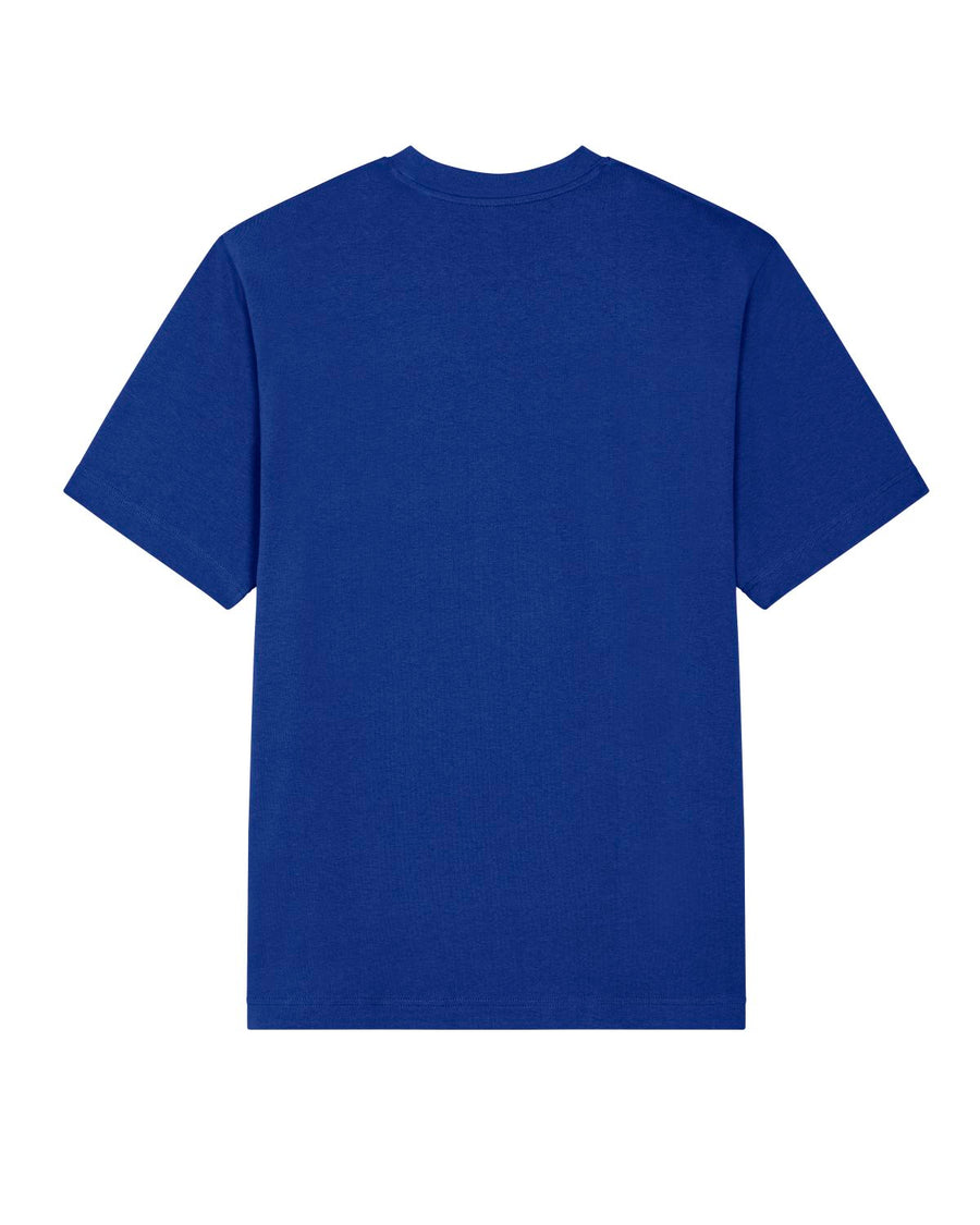 The STTU788 Stanley/Stella Freestyler Worker Blue (C088) is shown from the back; it's a plain unisex heavy weight T-shirt made from organic cotton.