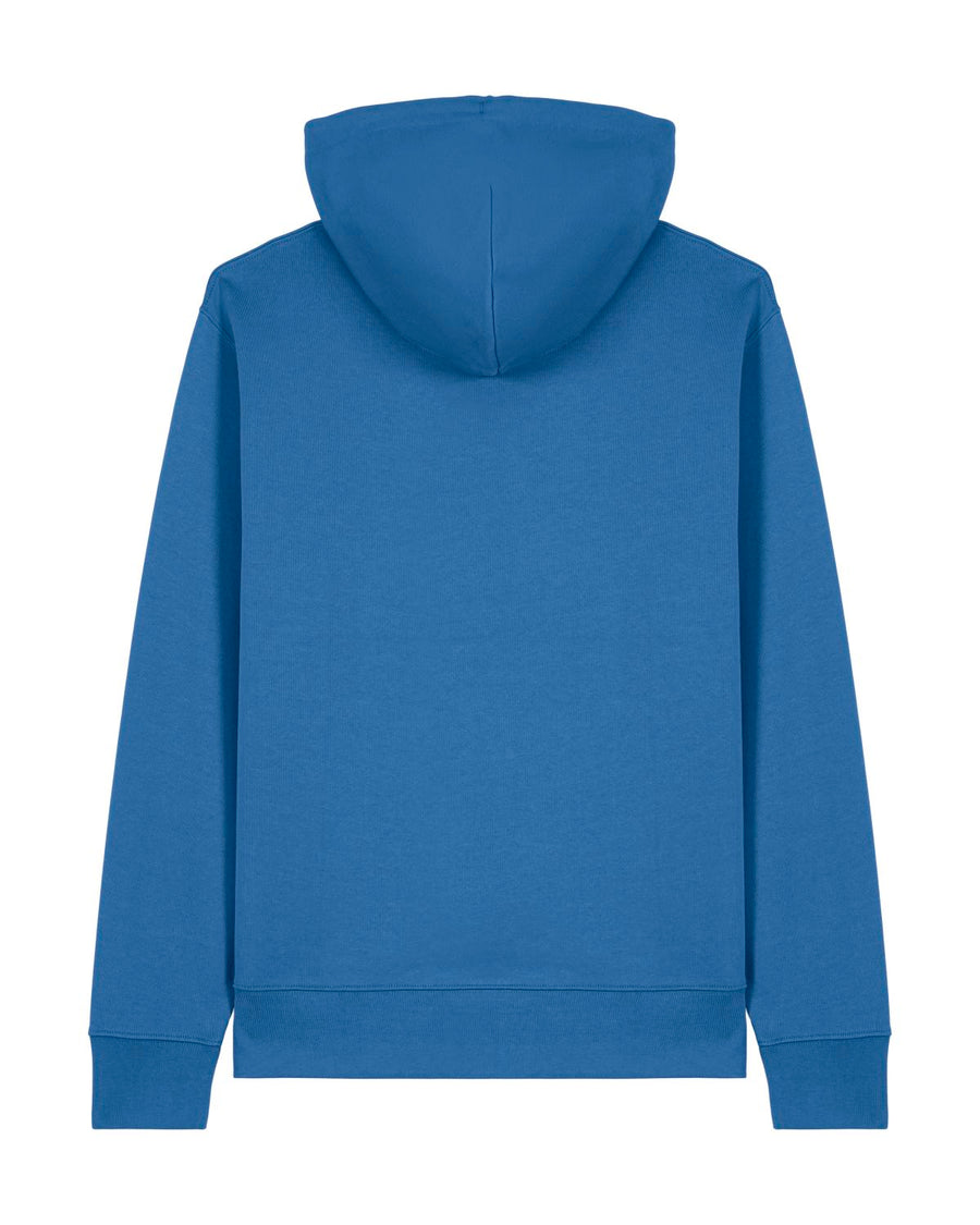 The STSU177 Stella/Stella Cruiser 2.0 in Mindful Blue (C729) by Stanley/Stella is a plain unisex hoodie, seen from the back, featuring long sleeves and crafted from organic cotton.