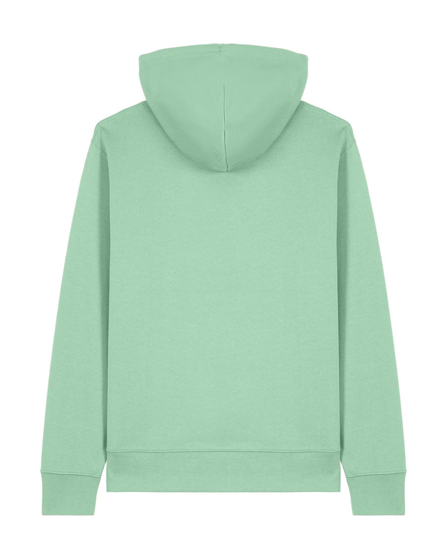 Back view of the Stanley/Stella STSU177 Stella/Stella Cruiser 2.0 Misty Jade (C735) unisex hoodie in plain mint green, made from organic cotton with long sleeves and a soft brushed fleece finish.