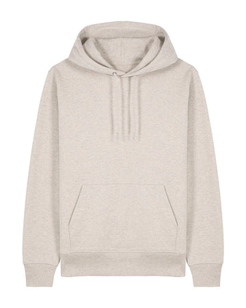 The Stanley/Stella STSU177 Stella/Stella Cruiser 2.0 in Heather Haze (C731) is an iconic unisex hoodie made from organic cotton, featuring a plain light gray design with a front pocket and drawstrings.