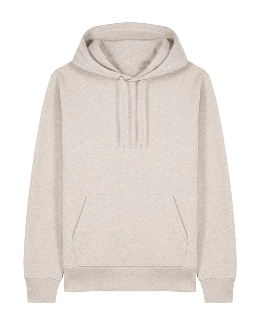 The Stanley/Stella STSU177 Stella/Stella Cruiser 2.0 in Heather Haze (C731) is an iconic unisex hoodie made from organic cotton, featuring a plain light gray design with a front pocket and drawstrings.