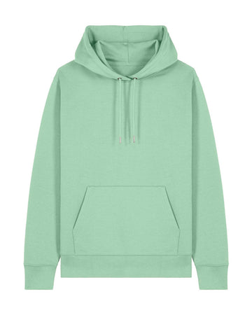 The Stanley/Stella STSU177 Stella Cruiser 2.0 Misty Jade (C735) is a mint green unisex hoodie made from organic cotton, featuring a front pocket and drawstring hood, displayed against a white background.