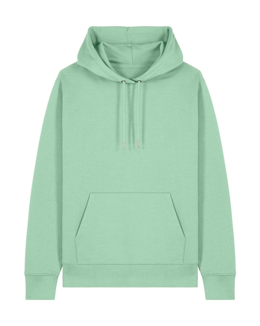 The Stanley/Stella STSU177 Stella Cruiser 2.0 Misty Jade (C735) is a mint green unisex hoodie made from organic cotton, featuring a front pocket and drawstring hood, displayed against a white background.