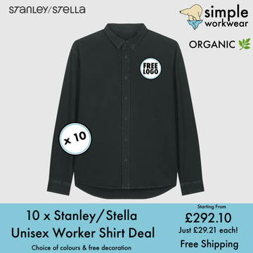 BUNDLE X 10 Stanley/Stella Worker Unisex Relaxed Shirts With Free Print/Embroidery Logo