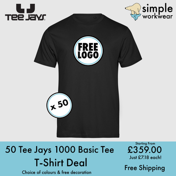 BUNDLE X 50 Tee Jays Style 1000 Basic Tee T-Shirts With Free DTG Print