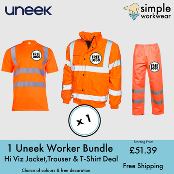 BUNDLE X 1 Uneek HI-VIZ Bomber Jacket, Hi Viz Trousers & High Viz T-Shirt With Free Print Logo