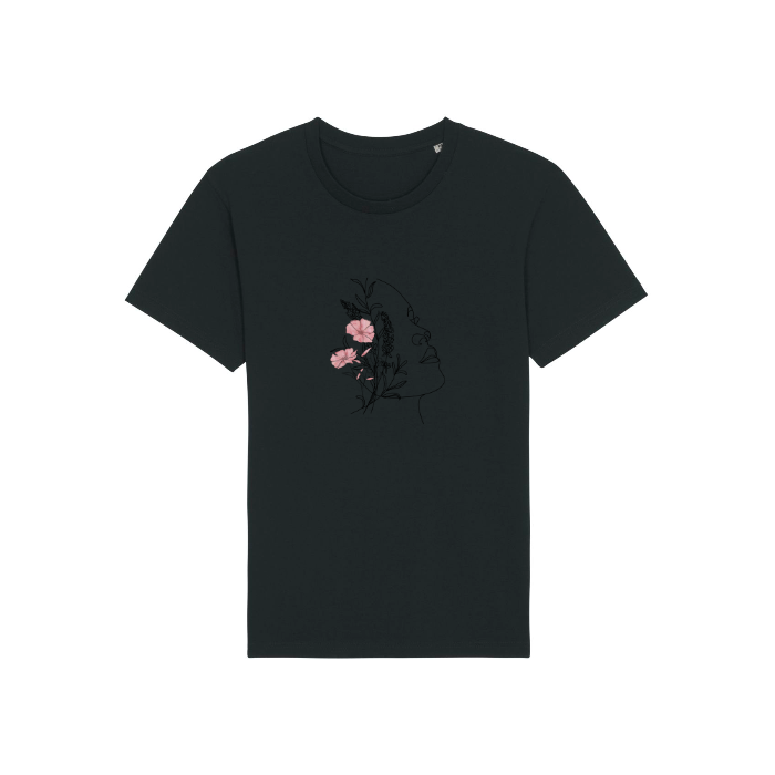 The Stanley/Stella Rocker Black (C002) unisex essential T-shirt showcases a minimalist line drawing of a face with pink blooms, crafted from organic cotton.