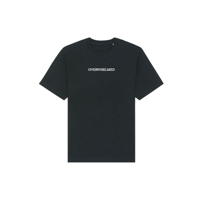 The STTU788 Stanley/Stella Freestyler Black T-shirt by Stanley/Stella is a unisex heavyweight top made from 100% organic cotton, featuring "OVERWHELMED" in bold white print on the front.