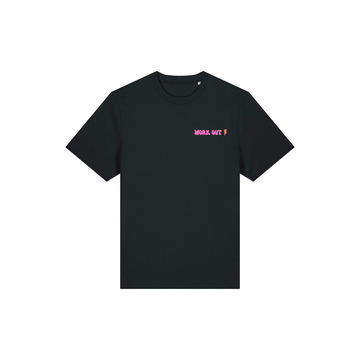 The My Needs Are Simple Unisex STTU171 Stanley/Stella Sparker 2.0 T-shirt is crafted from organic cotton, with pink "WORK OUT" text on the left chest of the sleek black jersey fabric. Displayed on a white background for a crisp look.