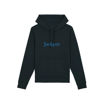 The Stanley/Stella Drummer Hoodie (STSU812) in black combines organic cotton and recycled polyester, showcasing a bold blue "Jackpot" print on the front.