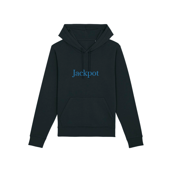 The Stanley/Stella Drummer Hoodie (STSU812) in black combines organic cotton and recycled polyester, showcasing a bold blue "Jackpot" print on the front.