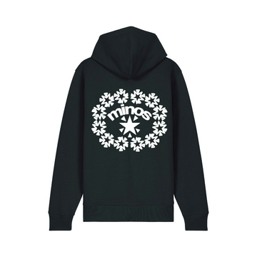 The unisex Stella/Stella Cultivator 2.0 Black hoodie by Stanley/Stella is made from organic cotton and showcases a black fabric with a white floral design and "minos" on the back.