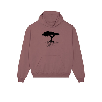 The STSU797 Stanley/Stella Cooper Dry Boxy Organic Cotton Mauve Hoodie Sweatshirt features a black tree and roots graphic. This unisex piece combines comfort with style.