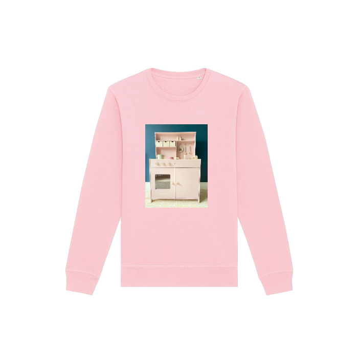 The Stanley/Stella Roller Sweatshirt in Cotton Pink (C005) is a unisex crewneck featuring a playful kitchen set design on a teal background. Made from recycled polyester, it blends style with sustainability for eco-friendly fashion.