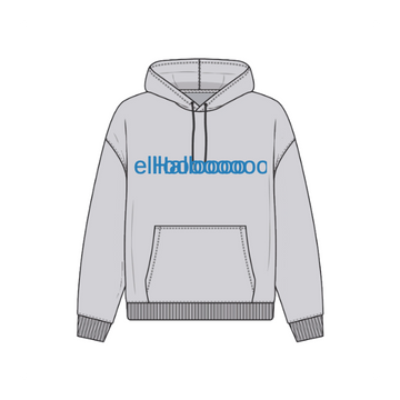 Introducing the AM001 Anthem Organic Cotton Men's Regular Fit Hoodie by Anthem: a gray hoodie crafted from organic cotton, featuring the playful "ellabooooooo" in blue text on the front, along with a recycled polyester front pocket and a drawstring hood.