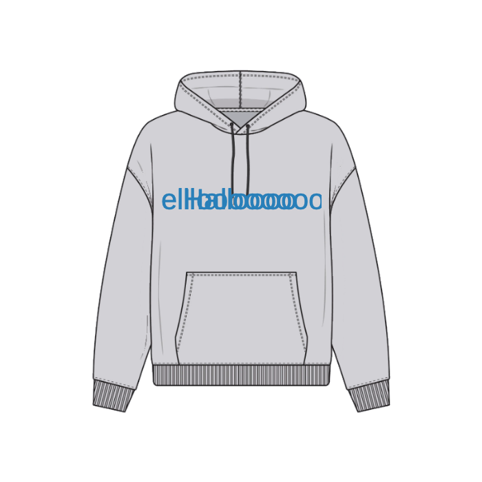 Introducing the AM001 Anthem Organic Cotton Men's Regular Fit Hoodie by Anthem: a gray hoodie crafted from organic cotton, featuring the playful "ellabooooooo" in blue text on the front, along with a recycled polyester front pocket and a drawstring hood.