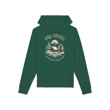 Introducing the Stanley/Stella Drummer Hoodie in Bottle Green (C224): a unisex sweatshirt featuring a Christmas design with a snowy village, moon, and "Merry Christmas" text. Made from organic cotton for ultimate comfort and style.