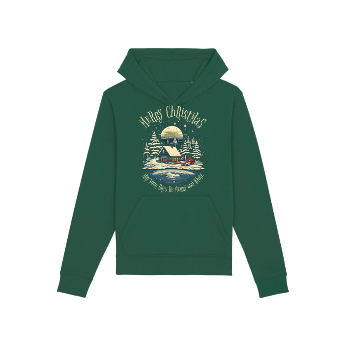 Introducing the Stanley/Stella Drummer Hoodie in Bottle Green (C224): a unisex sweatshirt featuring a Christmas design with a snowy village, moon, and "Merry Christmas" text. Made from organic cotton for ultimate comfort and style.