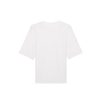 A pristine white STTU815 Stanley/Stella Blaster T-shirt for all, featuring an oversized high neck design in organic cotton, set against a white backdrop.