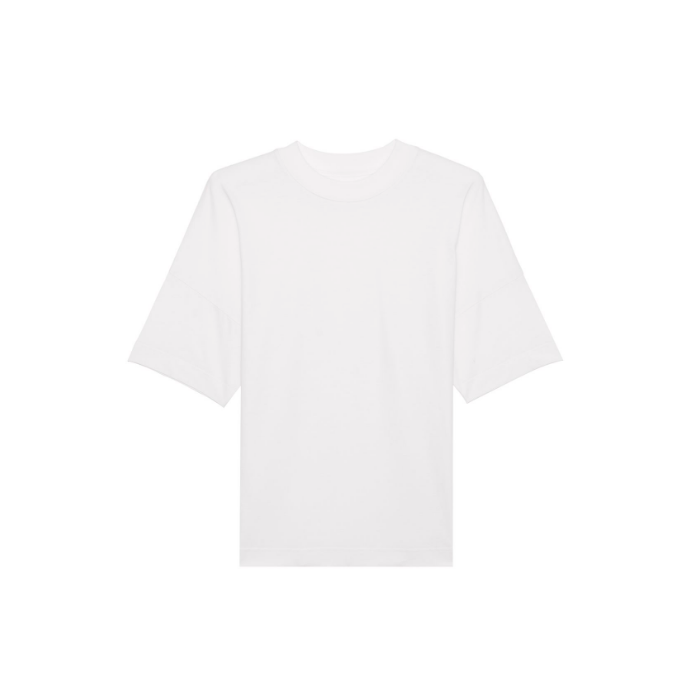 A pristine white STTU815 Stanley/Stella Blaster T-shirt for all, featuring an oversized high neck design in organic cotton, set against a white backdrop.