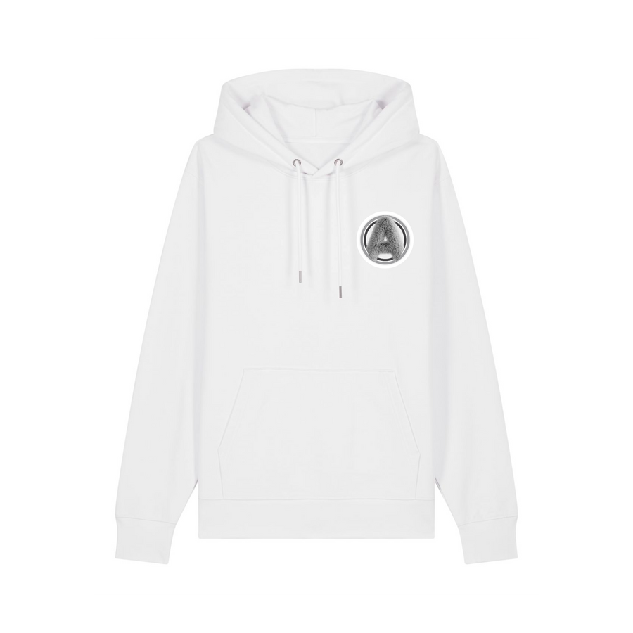 Stanley/Stella presents the STSU177 Stella/Stella Cruiser 2.0 White (C001) hoodie, a unisex design made from organic cotton, featuring a front pocket and an embossed circular logo on the chest.