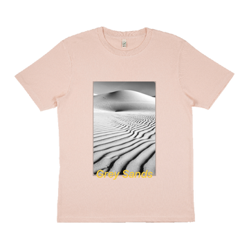 The Continental Clothing EP01 Earth Positive Misty Pink t-shirt features a black and white photo of sand dunes with "Grey Sands" text in yellow at the bottom.