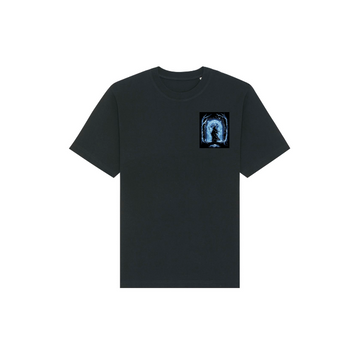 The STTU788 Stanley/Stella Freestyler Black (C002) T-shirt is unisex and heavyweight, featuring a small blue digital art design on the upper left, crafted from soft organic cotton.