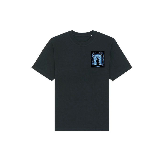 The STTU788 Stanley/Stella Freestyler Black (C002) T-shirt is unisex and heavyweight, featuring a small blue digital art design on the upper left, crafted from soft organic cotton.